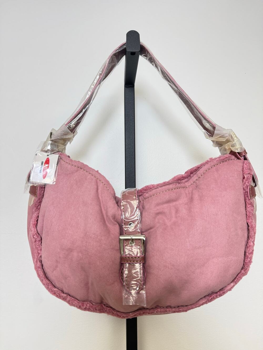 Pink Faux Suede Hobo Shoulder Bag
